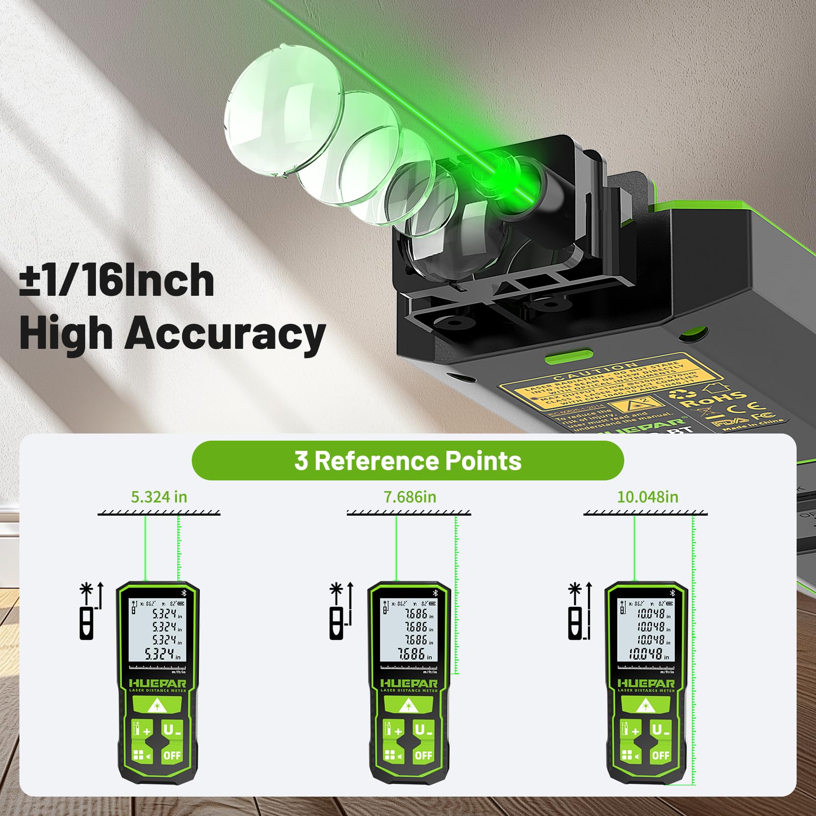 Huepar S120G-BT Distanciómetro Láser Bluetooth (120 m / 395 ft, Precisión ±1,5 mm, Control por App, Área y Volumen)