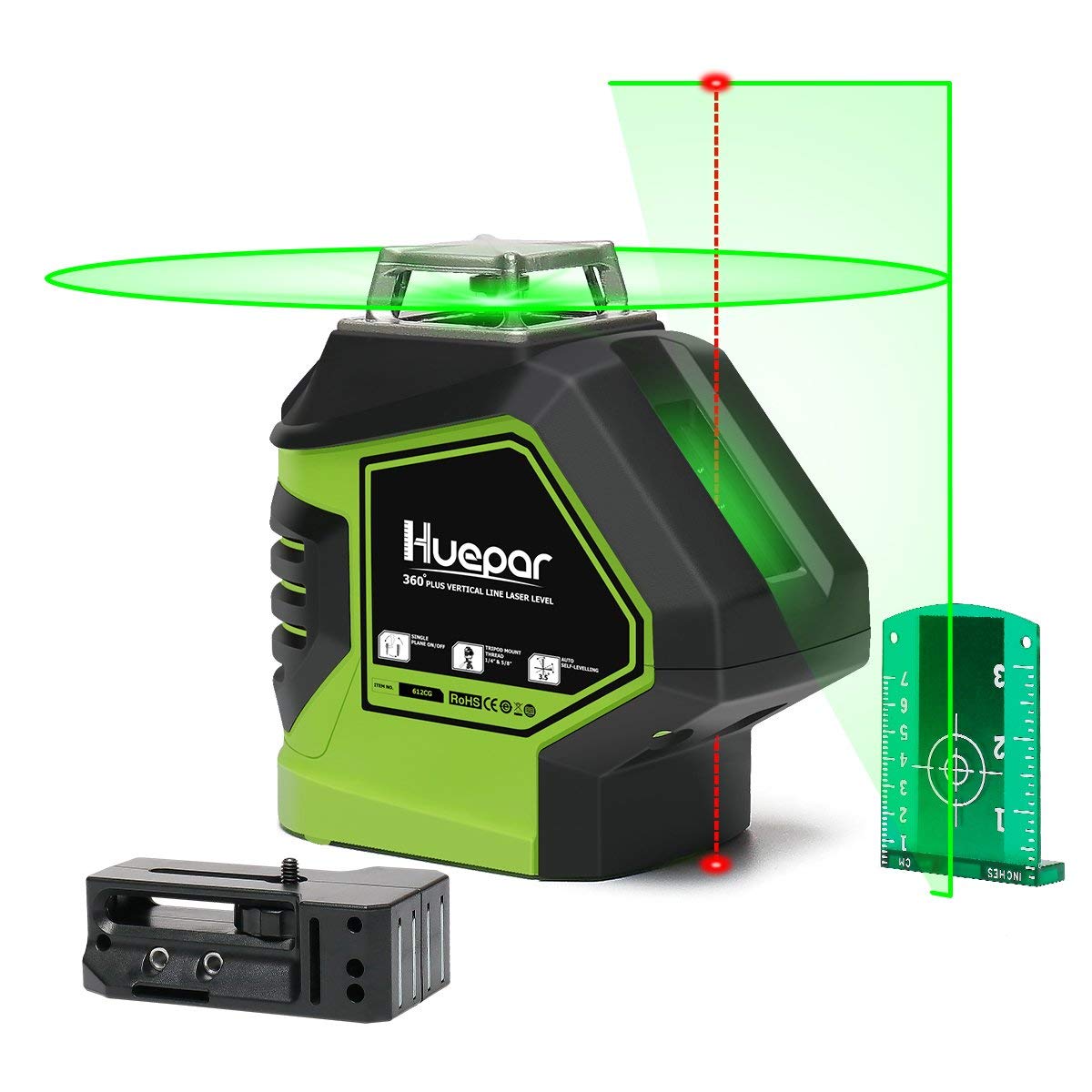  Huepar Nivel láser de línea cruzada, verde 360° horizontal y  dos líneas verticales, herramienta láser multilínea de alineación  autonivelante, batería de iones de litio con puerto de carga tipo C y