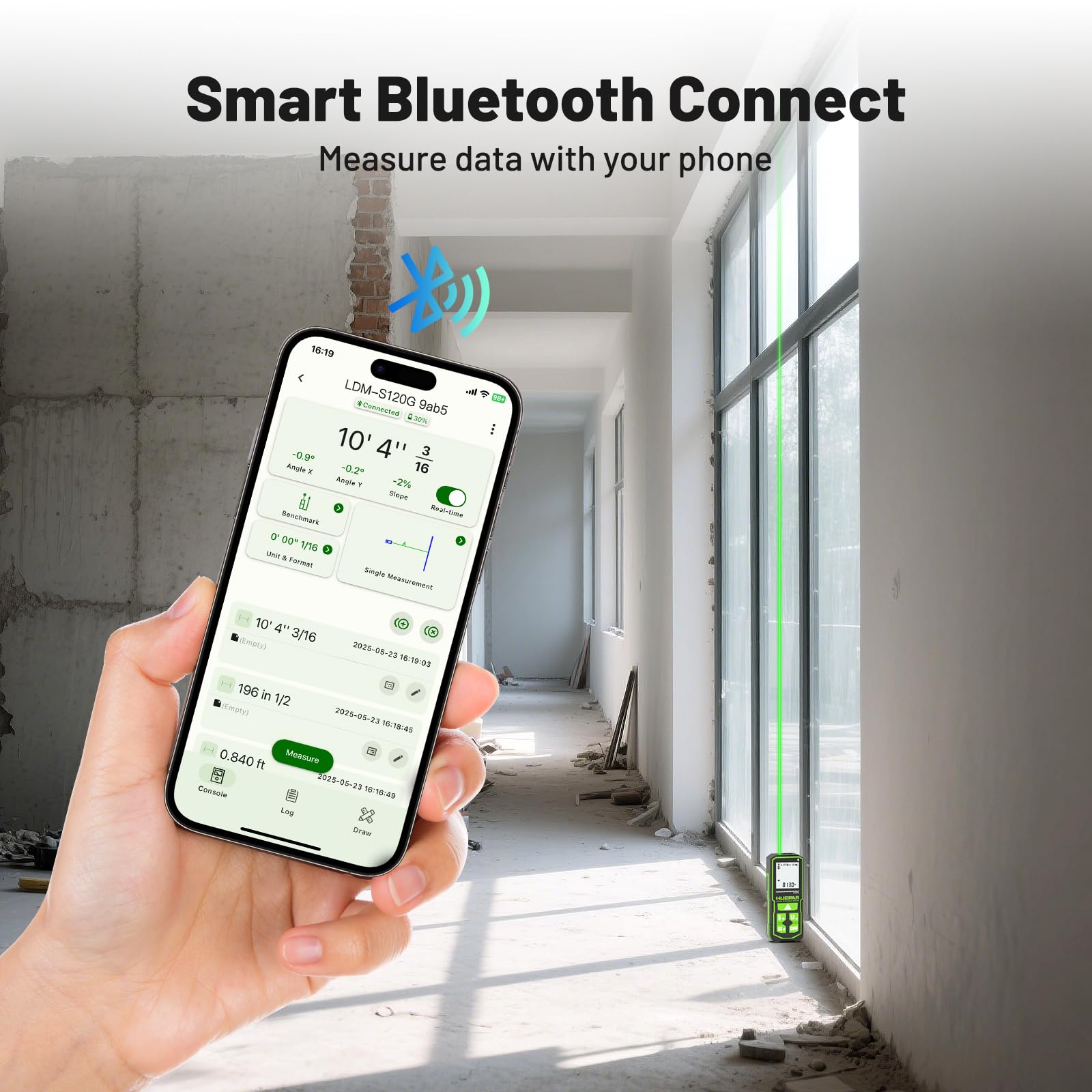 Huepar S120G-BT Distanciómetro Láser Bluetooth (120 m / 395 ft, Precisión ±1,5 mm, Control por App, Área y Volumen)