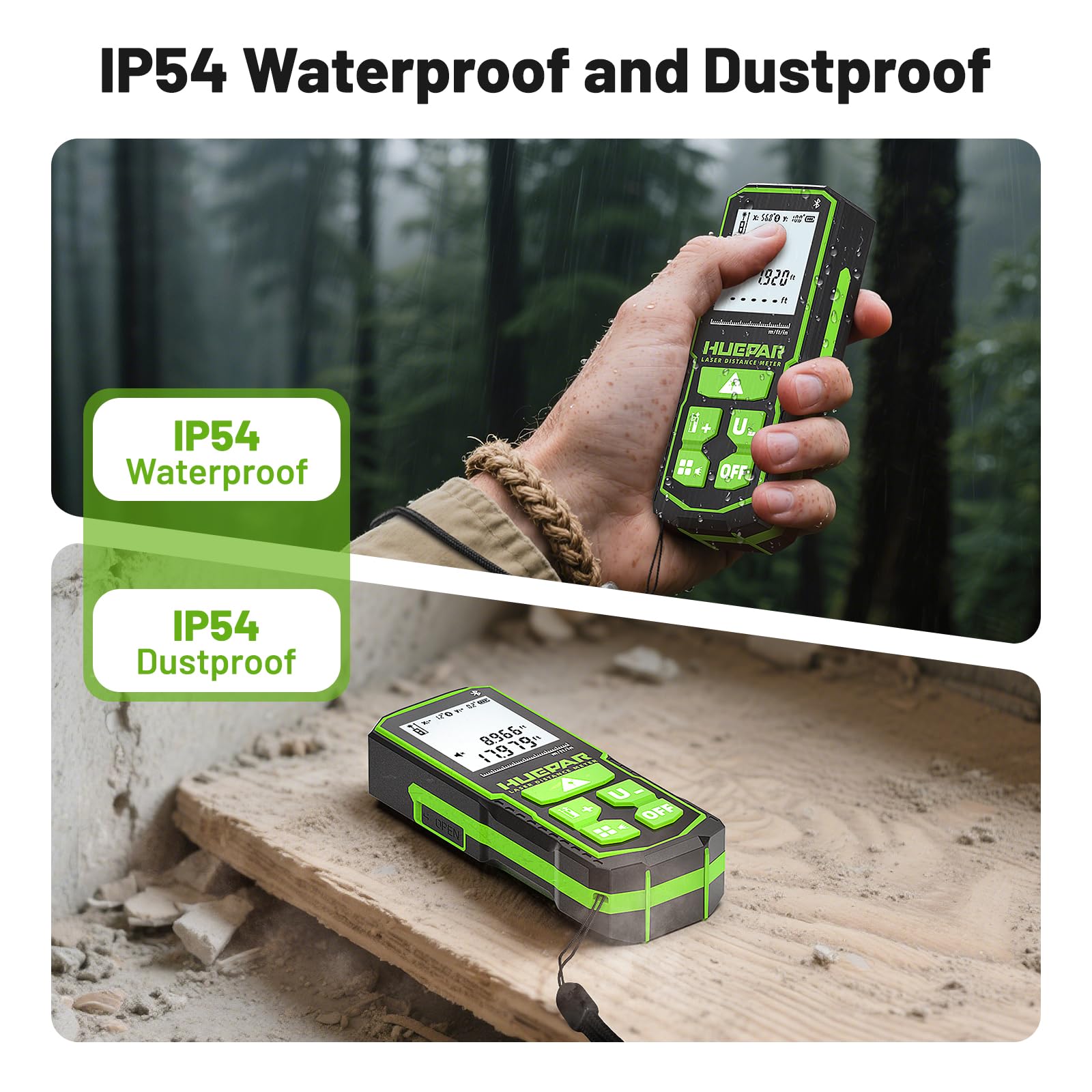 Huepar S120G-BT Distanciómetro Láser Bluetooth (120 m / 395 ft, Precisión ±1,5 mm, Control por App, Área y Volumen)