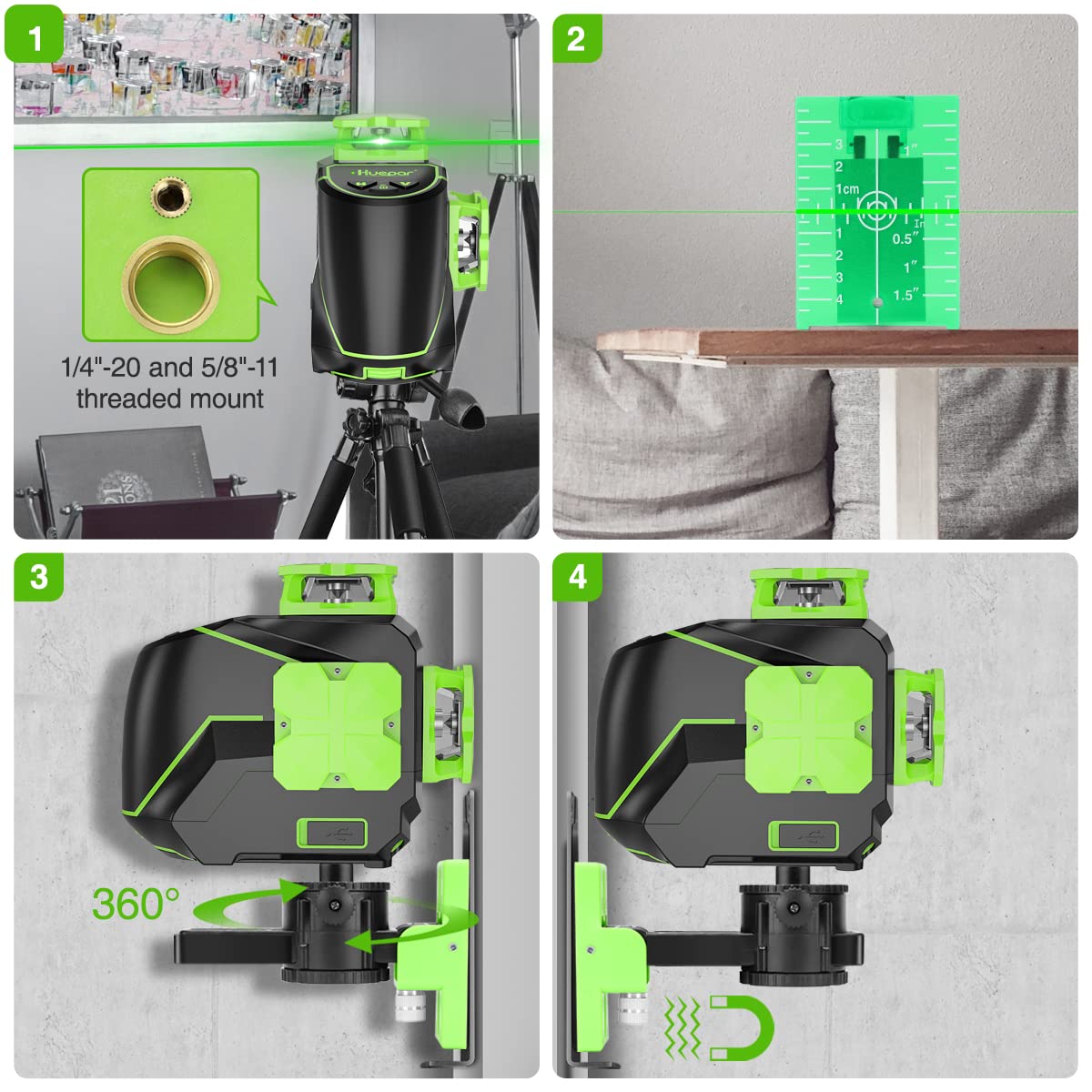 Huepar Nivel láser autonivelante 3D Green Beam 3 x 360 Línea cruzada de  tres planos herramienta de nivelación y alineación - Dos 360 verticales y  una