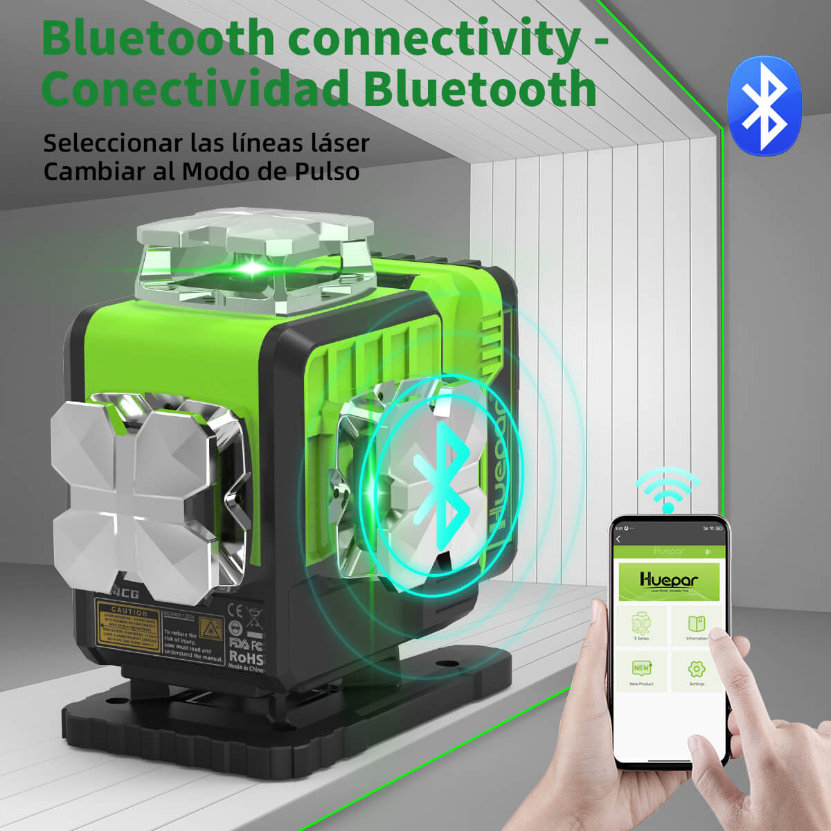 Huepar P04CG - Nivel láser 4x360° Herramienta láser de conectividad Bluetooth con haz verde autonivelante 4D