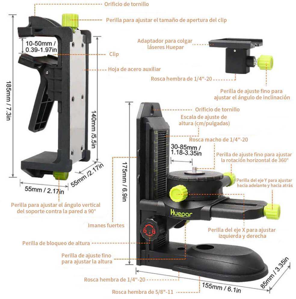 Huepar PV10+ - Soporte de ajuste fino adaptador de nivel láser